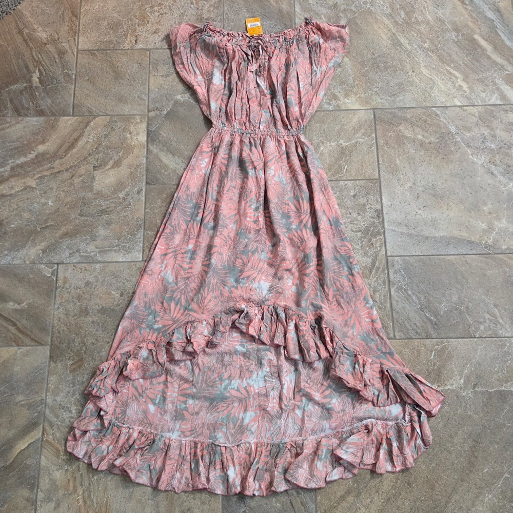Krisna Bali Rosalinda High Low Maxi Dress Pink‎ Tropical Palm Print NWT Boho